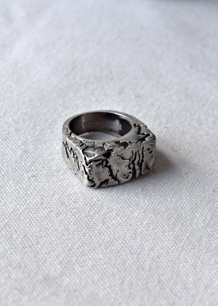 Front view of Cracked Chunky Silver Ring showcasing unique cracked design.