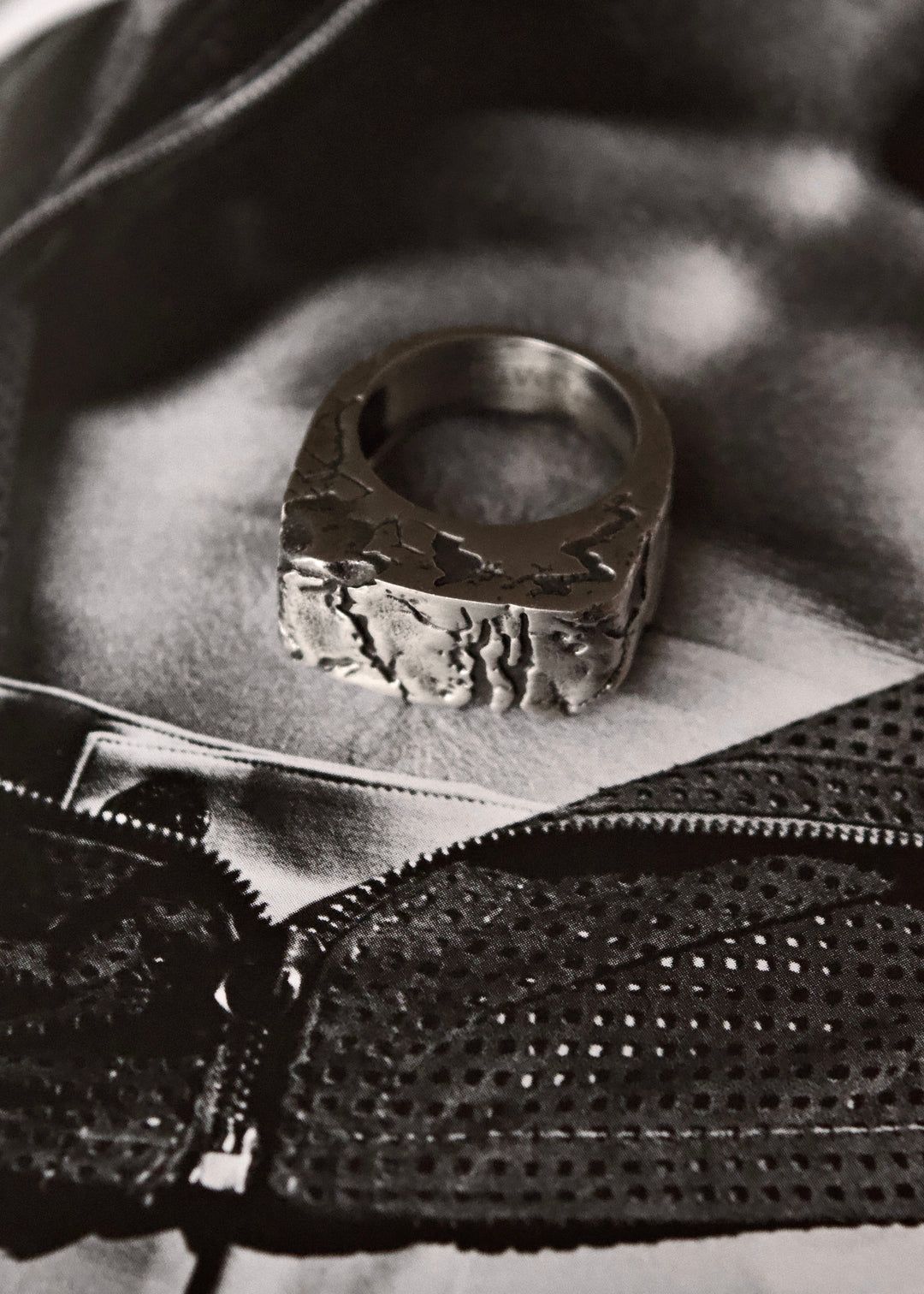 Detailed shot of the interior engraving on the Cracked Chunky Silver Ring.